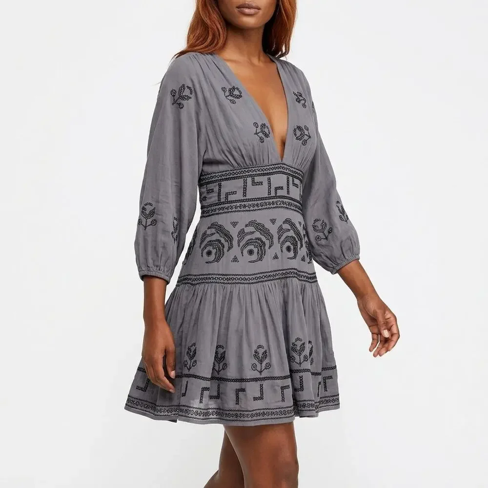 Free People Grey A-Line Short Embroidered Dress Women Size S